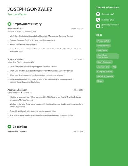 Pressure Washer Resume