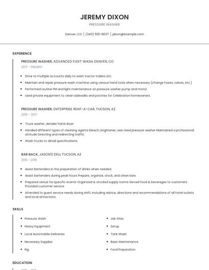 Pressure Washer Resume