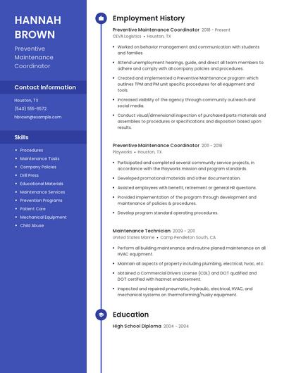 Preventive Maintenance Coordinator Resume