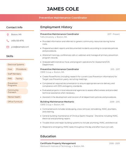 Preventive Maintenance Coordinator Resume