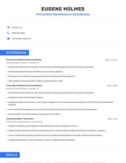 Preventive Maintenance Coordinator Resume