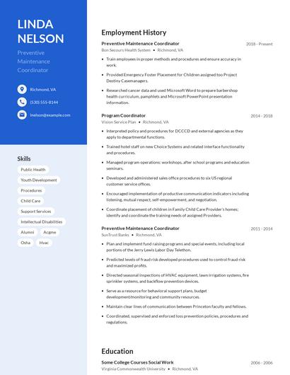 Preventive Maintenance Coordinator Resume