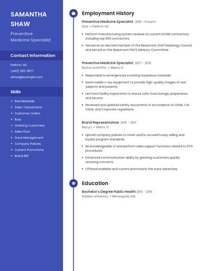 Preventive Medicine Specialist Resume