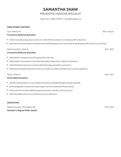 Preventive Medicine Specialist Resume