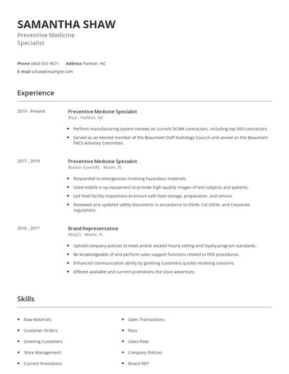 Preventive Medicine Specialist Resume