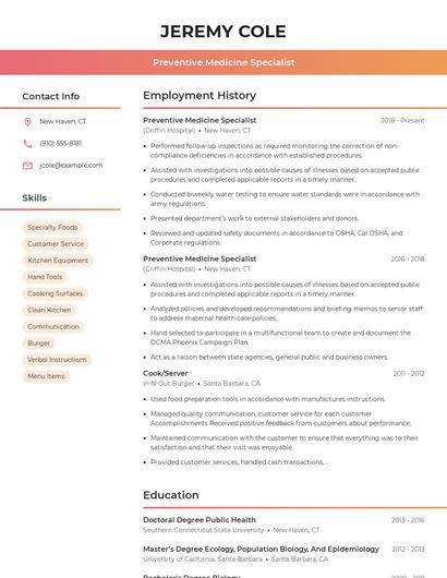 Preventive Medicine Specialist Resume