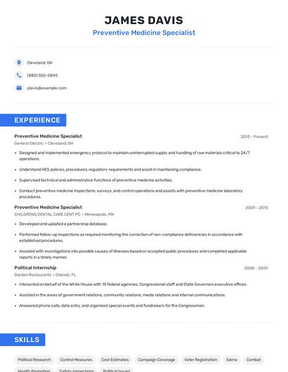 Preventive Medicine Specialist Resume