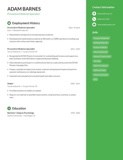 Preventive Medicine Specialist Resume