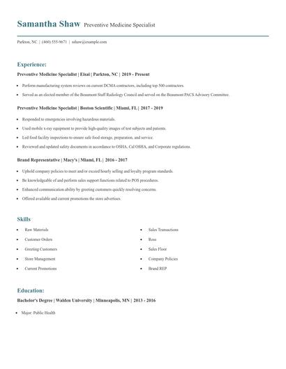 Preventive Medicine Specialist Resume
