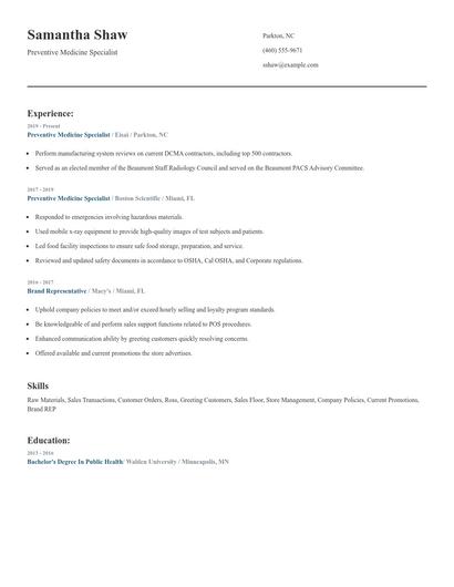Preventive Medicine Specialist Resume