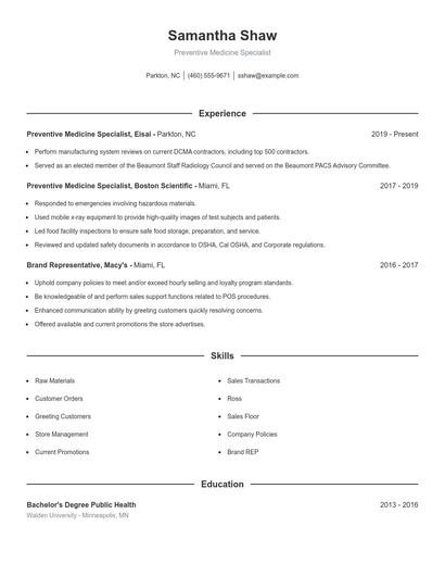 Preventive Medicine Specialist Resume