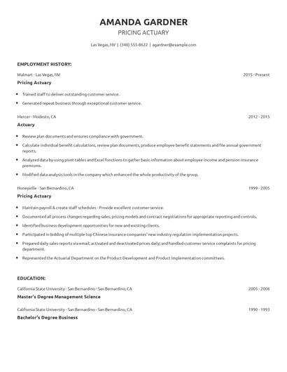 Pricing Actuary Resume