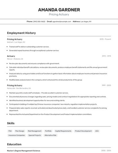 Pricing Actuary Resume