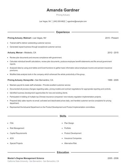 Pricing Actuary Resume