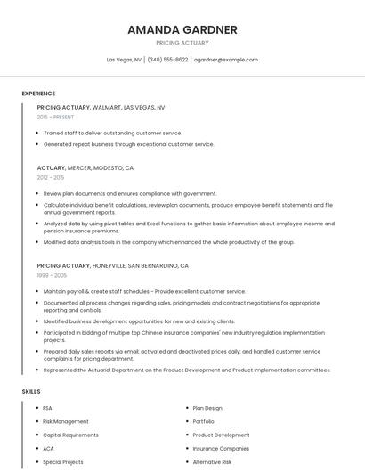 Pricing Actuary Resume