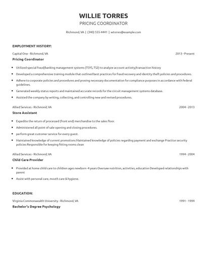 Pricing Coordinator Resume