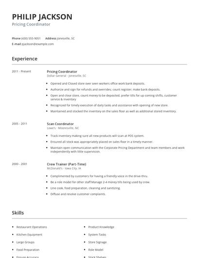Pricing Coordinator Resume