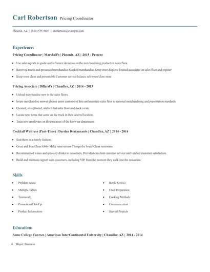 Pricing Coordinator Resume