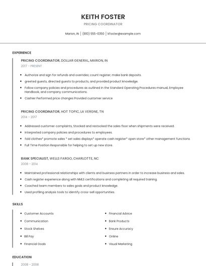 Pricing Coordinator Resume