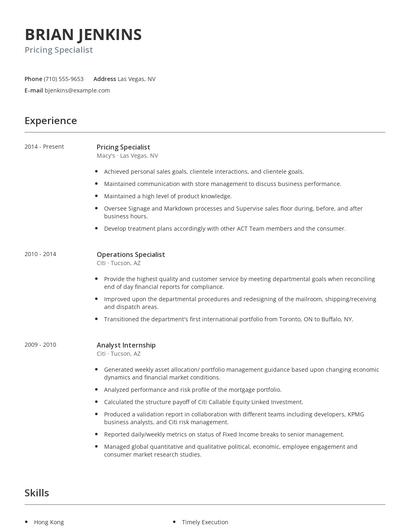 Pricing Specialist Resume