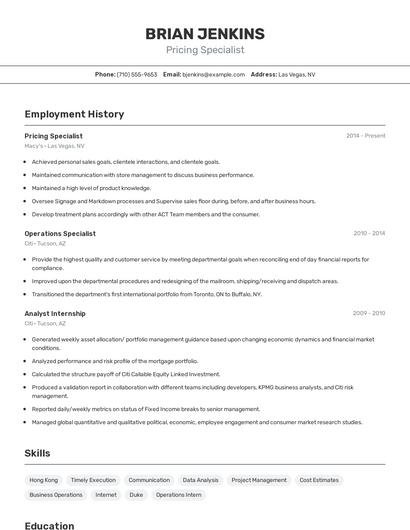 Pricing Specialist Resume