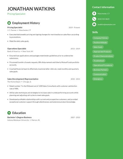 Pricing Specialist Resume