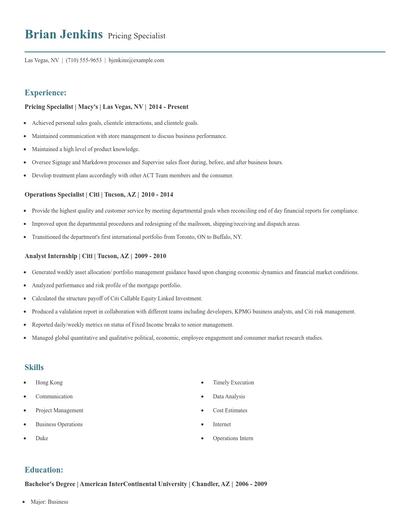 Pricing Specialist Resume