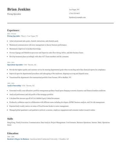Pricing Specialist Resume