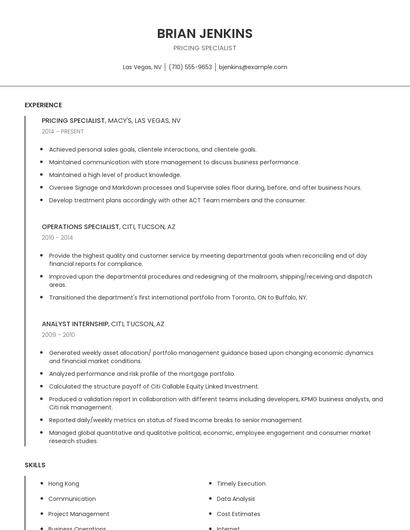 Pricing Specialist Resume