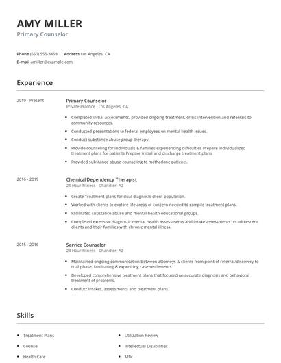 Primary Counselor Resume