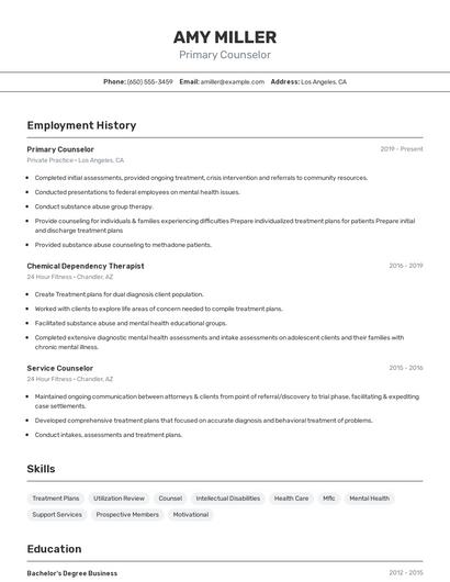 Primary Counselor Resume