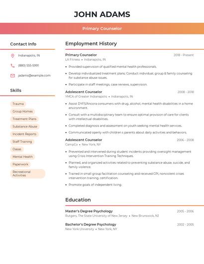 Primary Counselor Resume