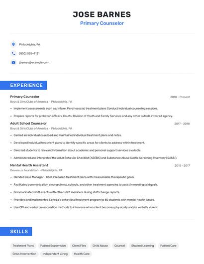 Primary Counselor Resume