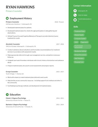 Primary Counselor Resume
