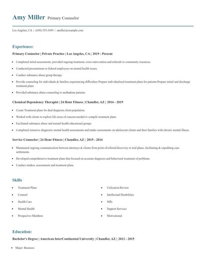 Primary Counselor Resume