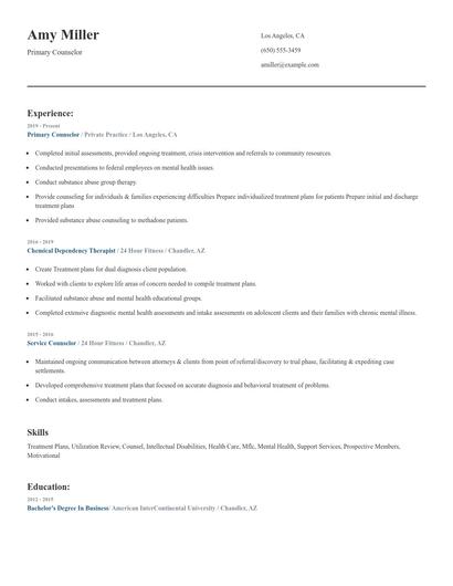 Primary Counselor Resume
