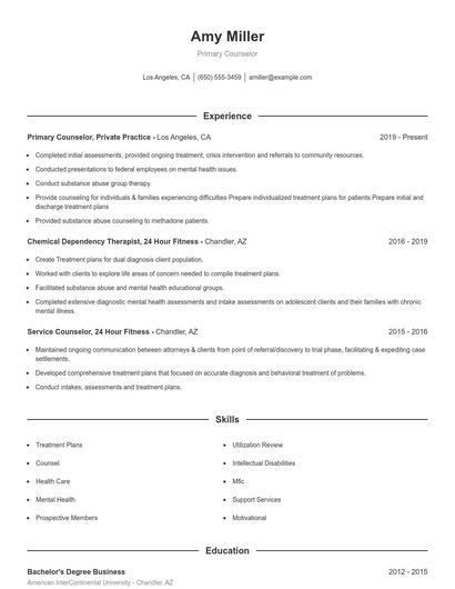 Primary Counselor Resume