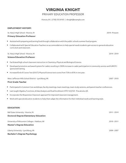 Primary Education Professor Resume