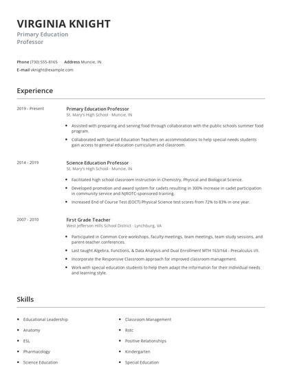 Primary Education Professor Resume