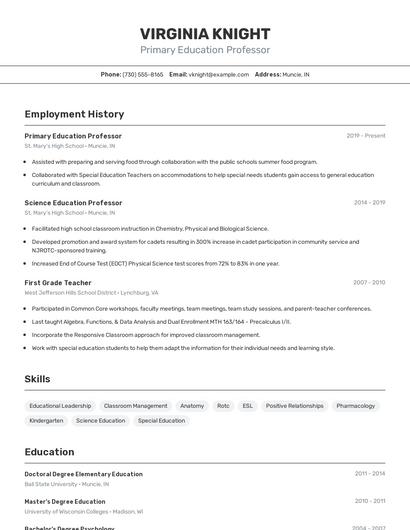 Primary Education Professor Resume