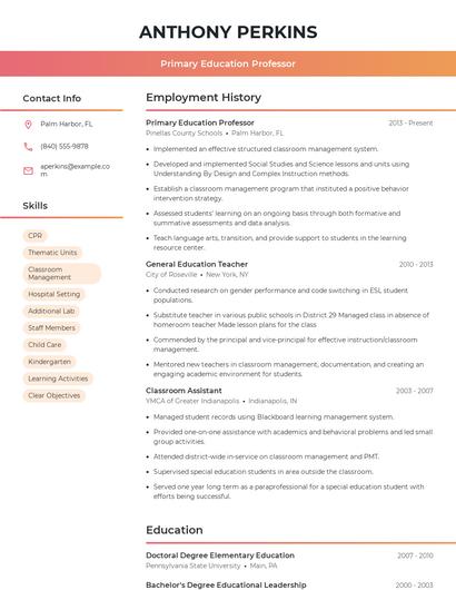 Primary Education Professor Resume