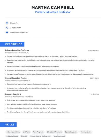 Primary Education Professor Resume