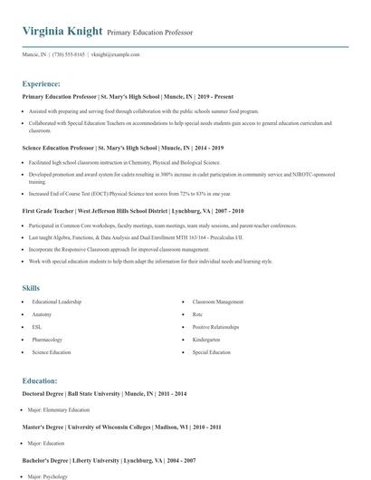 Primary Education Professor Resume