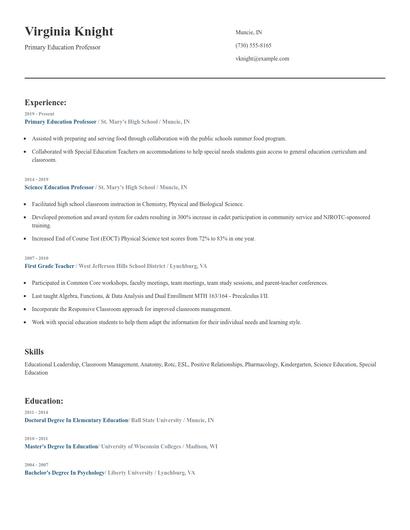 Primary Education Professor Resume