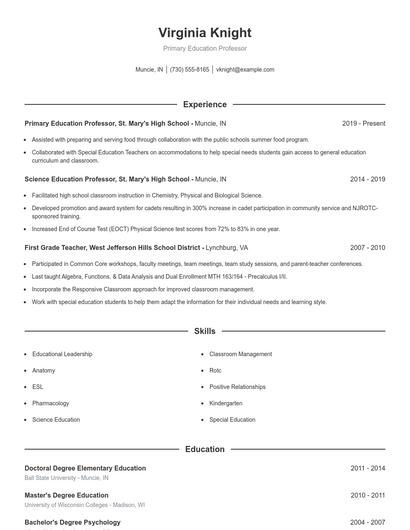 Primary Education Professor Resume