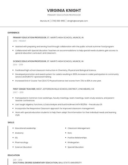Primary Education Professor Resume