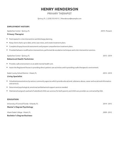 Primary Therapist Resume