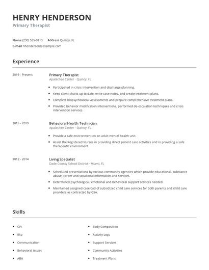 Primary Therapist Resume