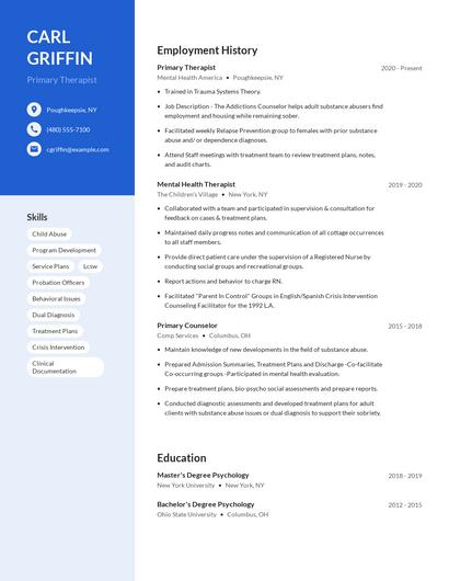 Primary Therapist Resume