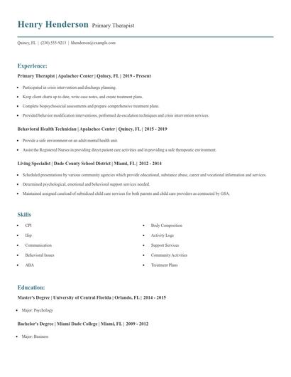 Primary Therapist Resume
